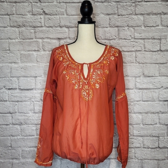 Lucky Brand Top Orange Cream Embroidered Split V Neck Ties Long Sleeve Size S - Picture 2 of 8